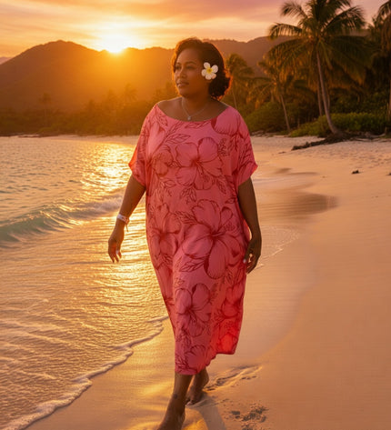 Pink hibiscus round neck long dress