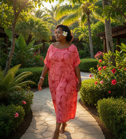 Pink hibiscus round neck long dress