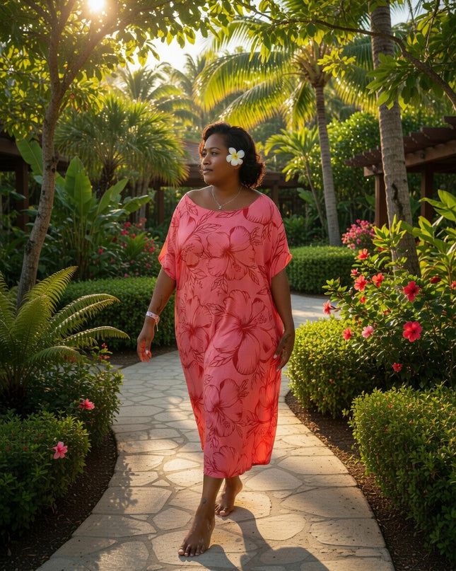 Pink hibiscus round neck long dress