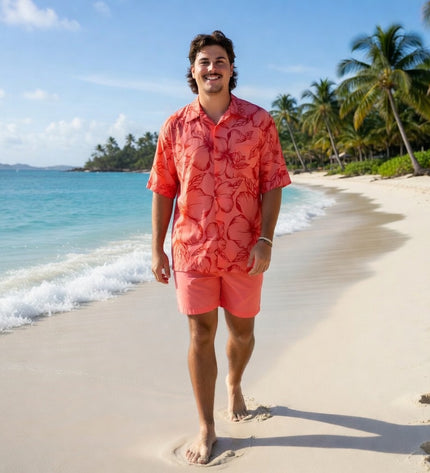 Pink hibiscus print men's shirt