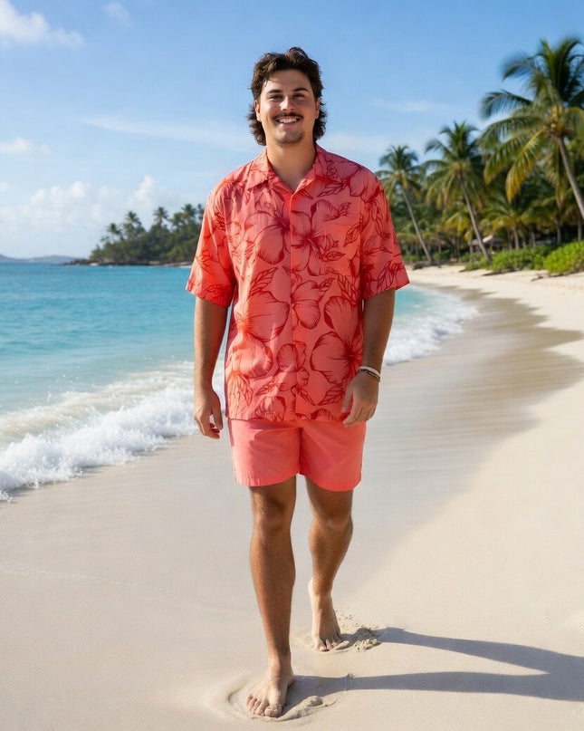 Pink hibiscus print men's shirt