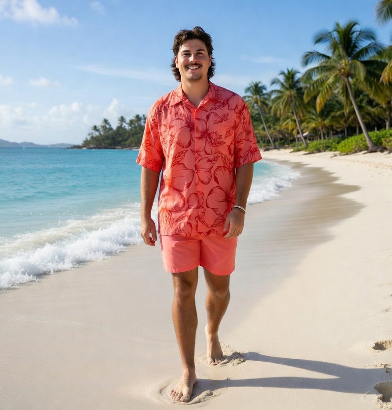 Pink hibiscus print men's shirt