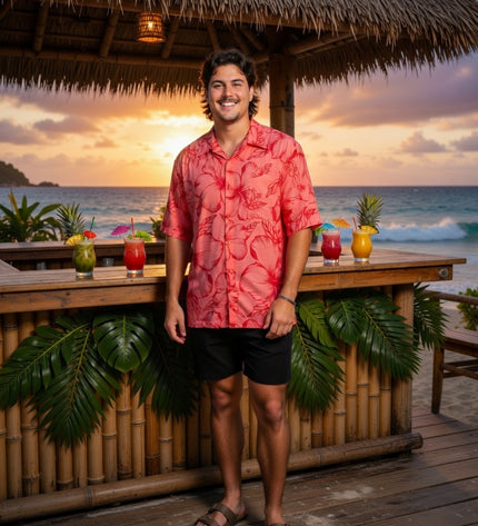 Pink hibiscus print men's shirt