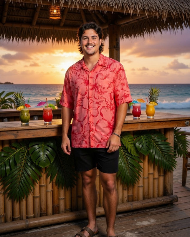 Pink hibiscus print men's shirt