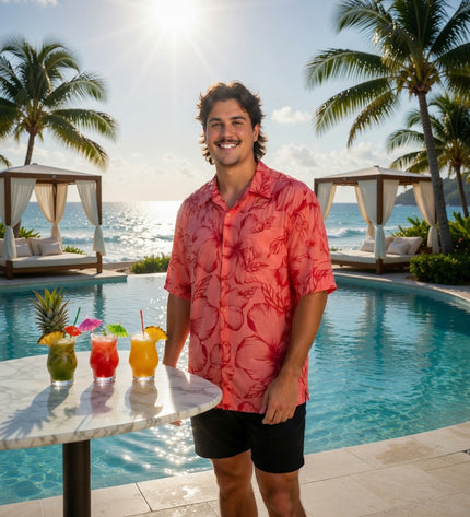 Pink hibiscus print men's shirt