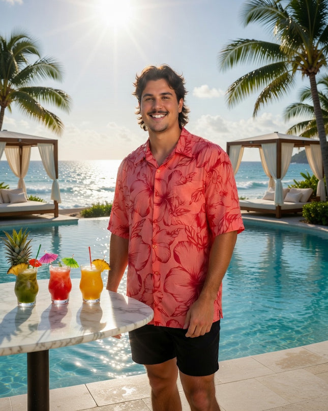 Pink hibiscus print men's shirt