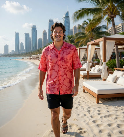 Pink hibiscus print men's shirt