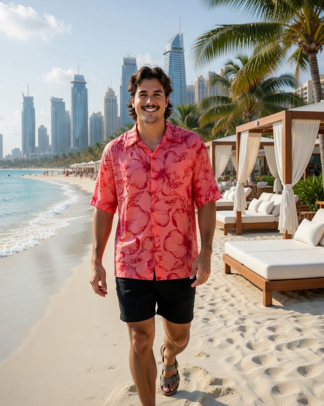 Pink hibiscus print men's shirt