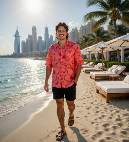 Pink hibiscus print men's shirt