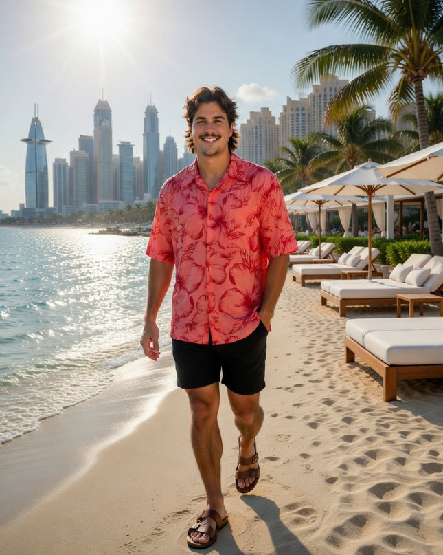 Pink hibiscus print men's shirt