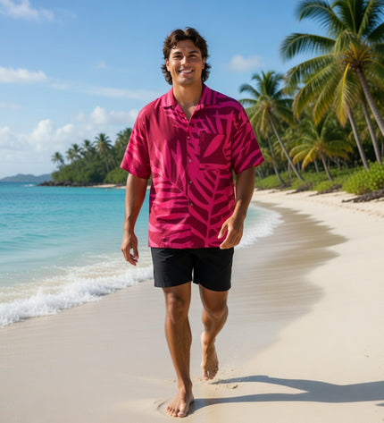 Pink on red fern print men's shirt