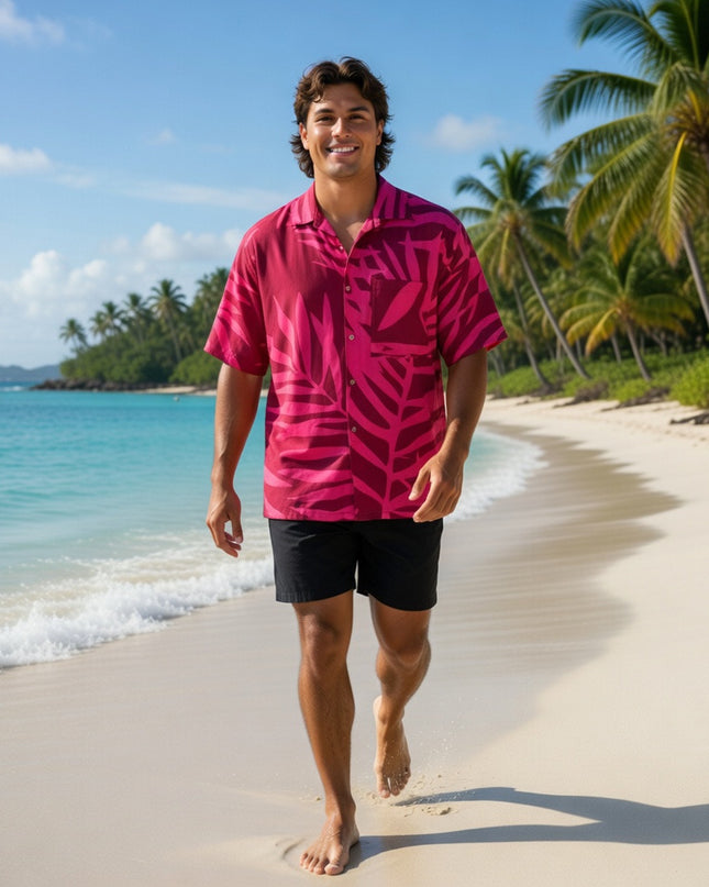 Pink on red fern print men's shirt