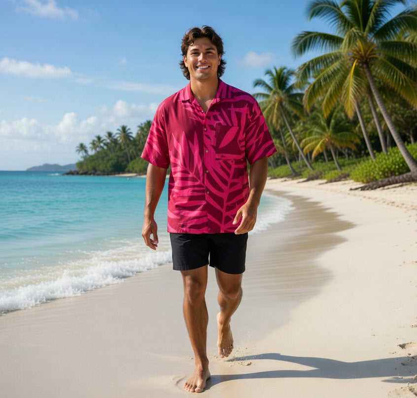 Pink on red fern print men's shirt