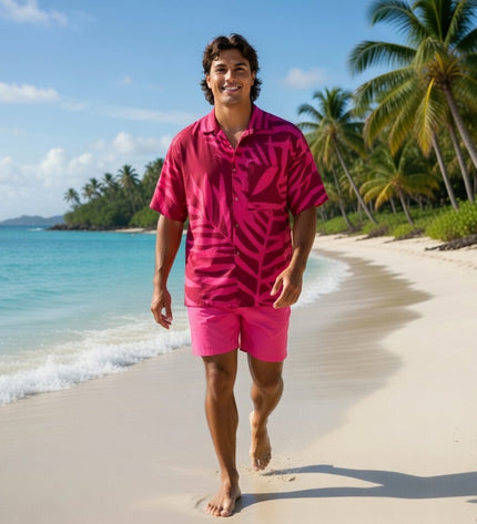 Pink on red fern print men's shirt