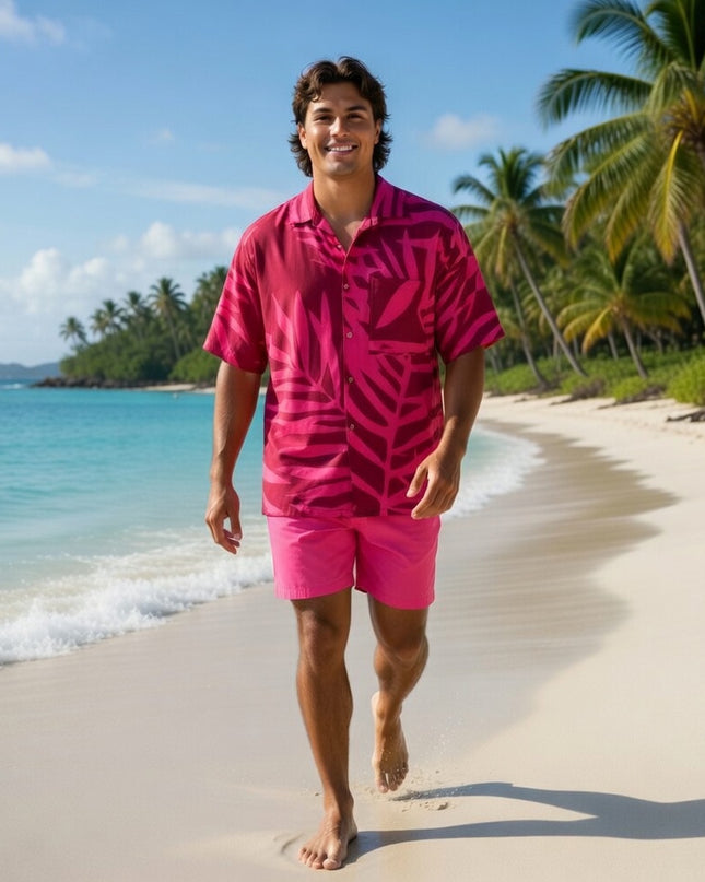 Pink on red fern print men's shirt