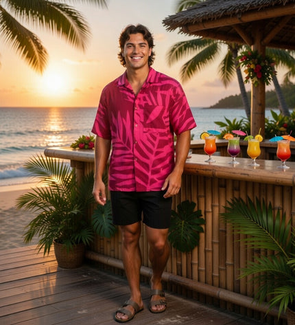 Pink on red fern print men's shirt