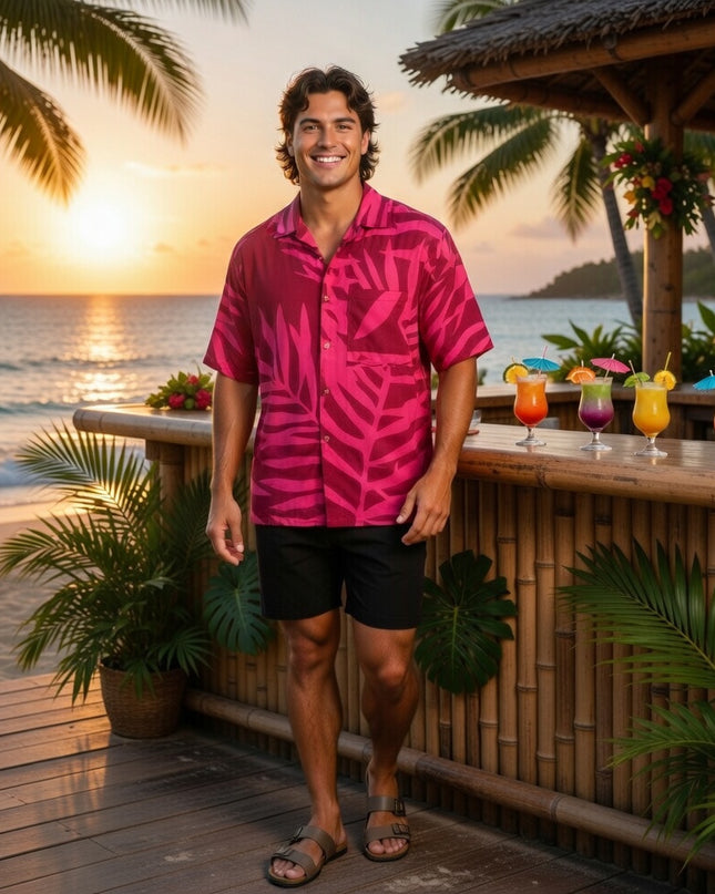 Pink on red fern print men's shirt