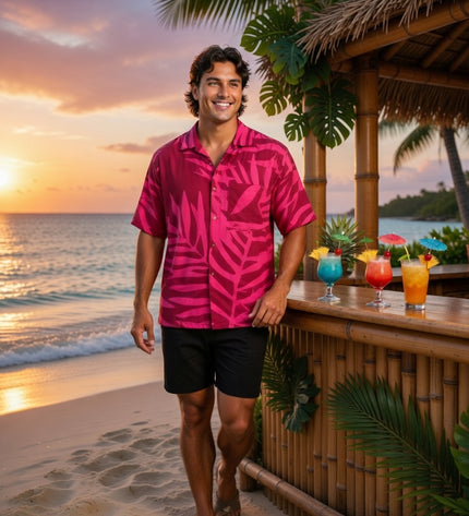 Pink on red fern print men's shirt