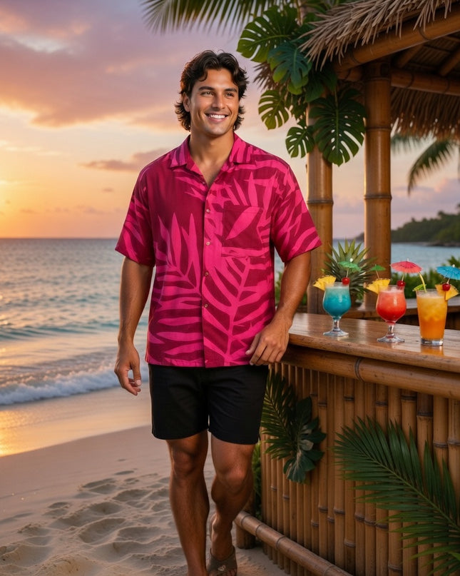 Pink on red fern print men's shirt