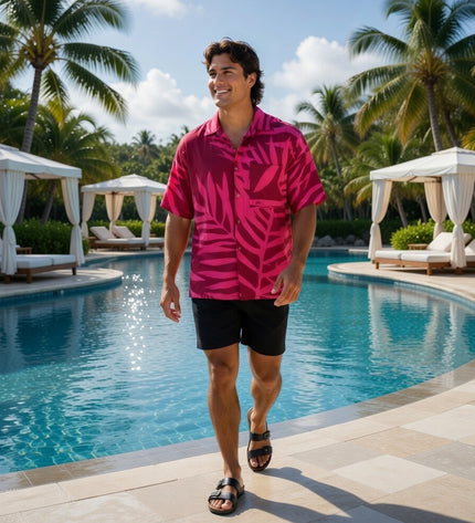 Pink on red fern print men's shirt