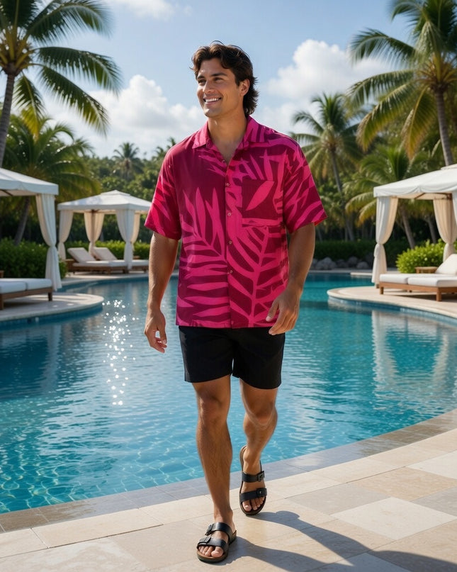 Pink on red fern print men's shirt