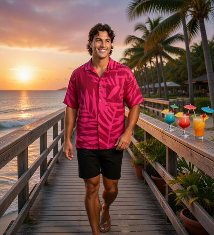 Pink on red fern print men's shirt