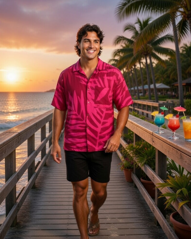 Pink on red fern print men's shirt