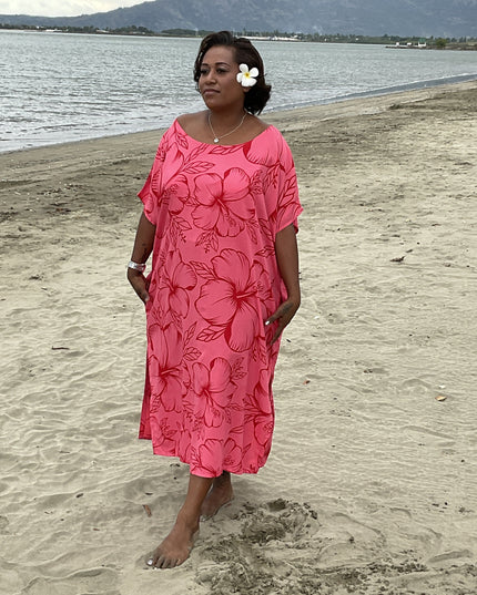 Pink hibiscus round neck long dress