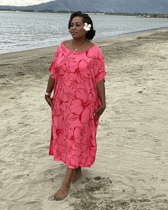 Pink hibiscus round neck long dress