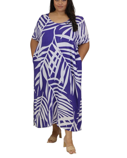 Rayon Maxi Dress - Yellow & Purple  Fern Print