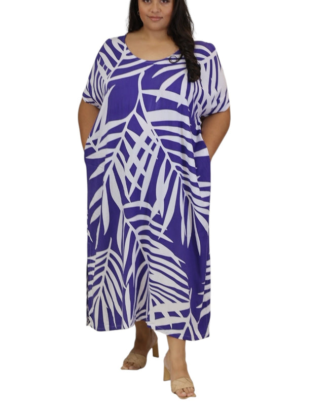 Rayon Maxi Dress - Yellow & Purple  Fern Print