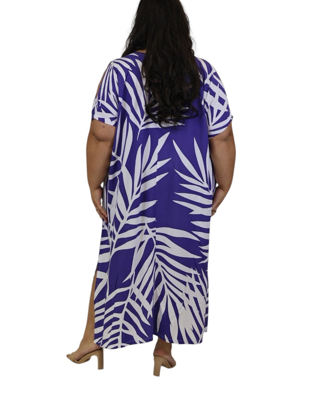 Rayon Maxi Dress - Yellow & Purple  Fern Print