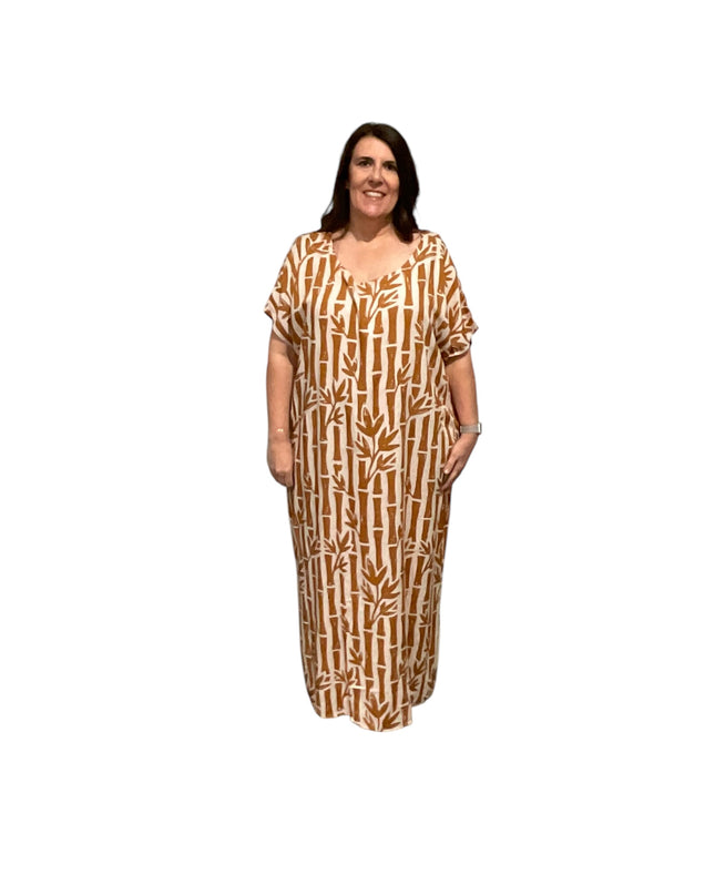 V-NECK BAMBOO PRINT  LONG KAFTAN DRESS