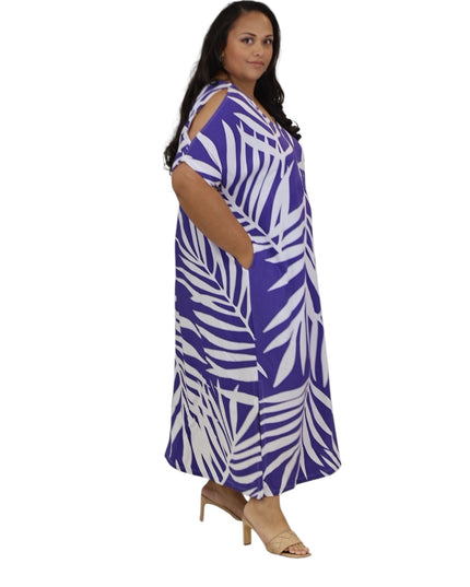 Rayon Maxi Dress - Yellow & Purple  Fern Print