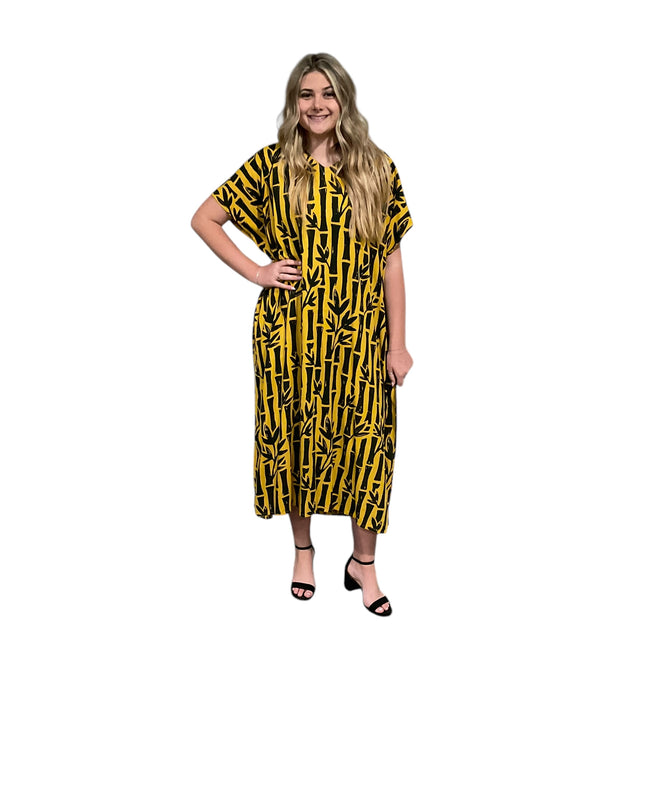 V-NECK BAMBOO PRINT  LONG KAFTAN DRESS