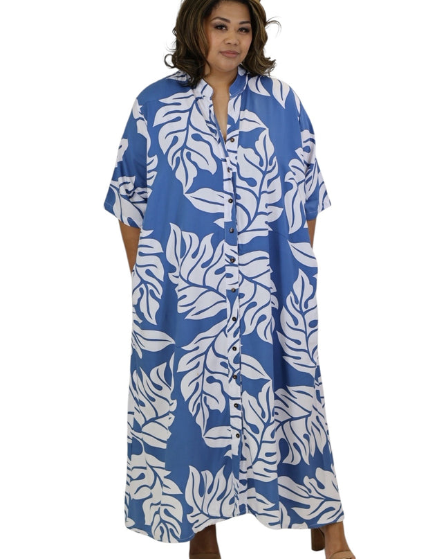 Rayon Long Shirt Dress - Orange & Blue  Leaf Print