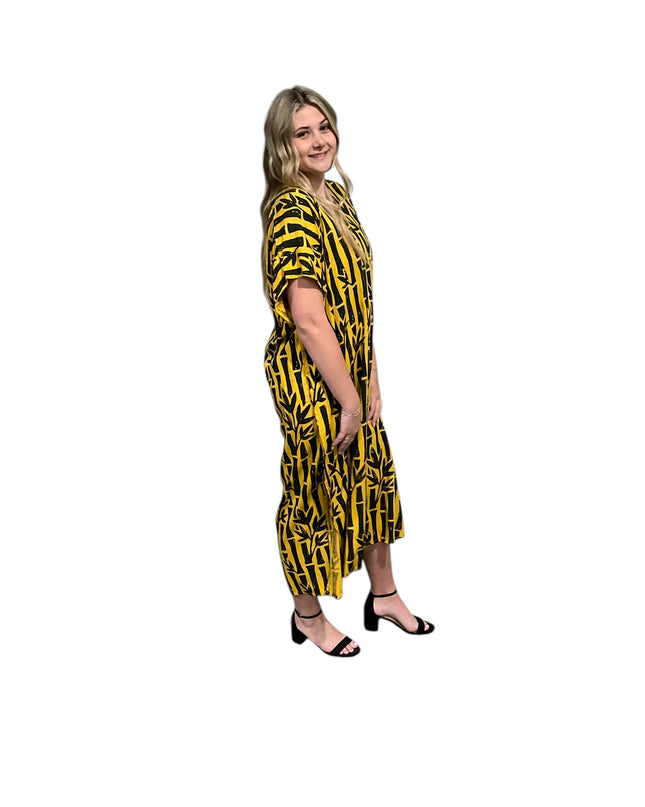 V-NECK BAMBOO PRINT  LONG KAFTAN DRESS