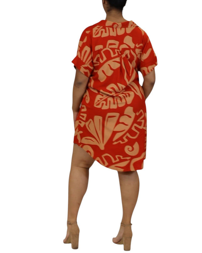 Rayon Short Shirt Dress - Red & Beige Island Print