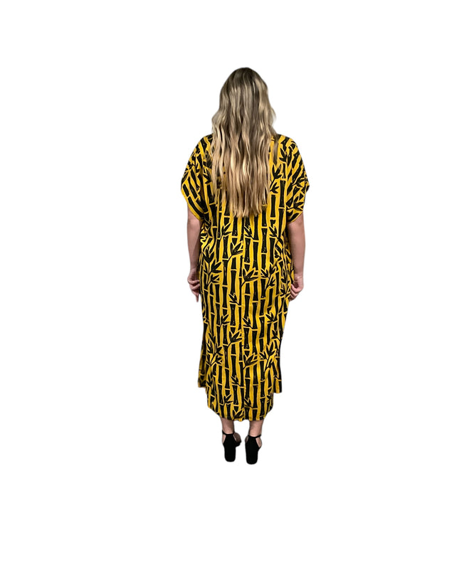 V-NECK BAMBOO PRINT  LONG KAFTAN DRESS