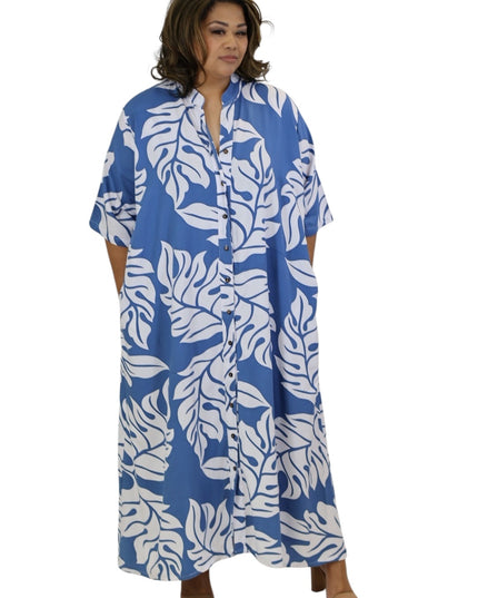 Rayon Long Shirt Dress - Orange & Blue  Leaf Print