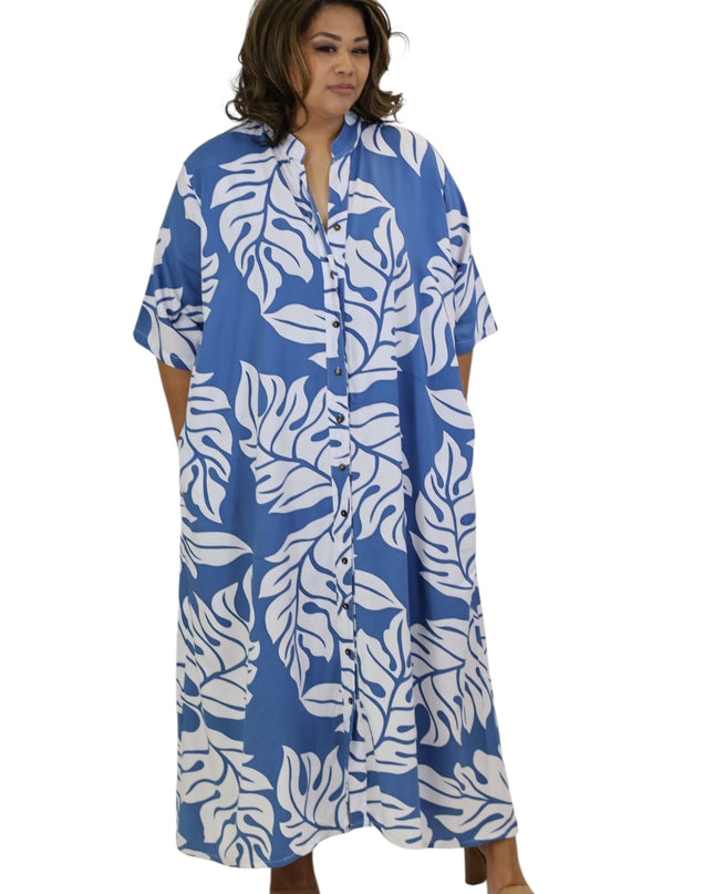 Rayon Long Shirt Dress - Orange & Blue  Leaf Print