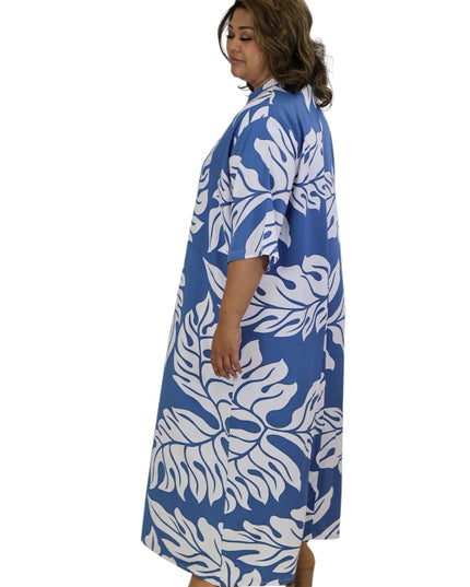 Rayon Long Shirt Dress - Orange & Blue  Leaf Print