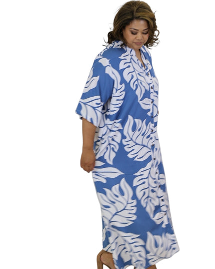 Rayon Long Shirt Dress - Orange & Blue  Leaf Print