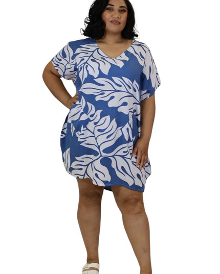 Rayon V-Neck Short Dress  Leaf Print