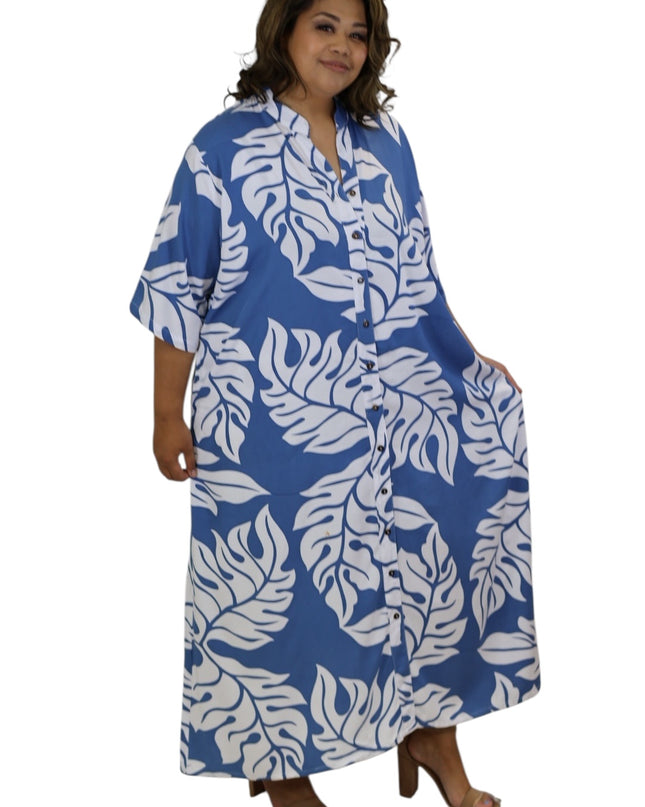 Rayon Long Shirt Dress - Orange & Blue  Leaf Print