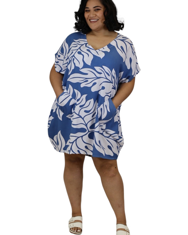 Rayon V-Neck Short Dress  Leaf Print