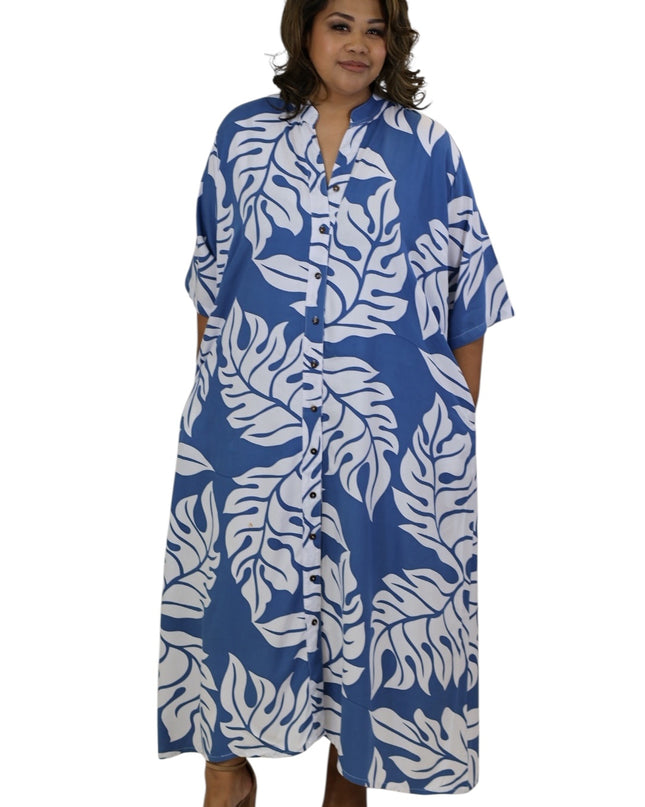 Rayon Long Shirt Dress - Orange & Blue  Leaf Print