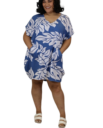 Rayon V-Neck Short Dress  Leaf Print
