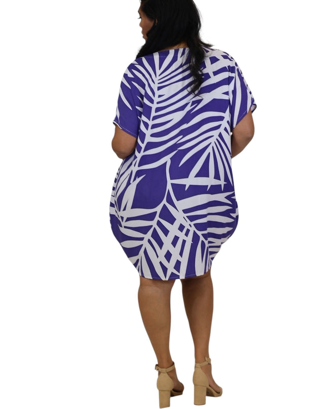 Rayon V-Neck Short Dress  Leaf Print