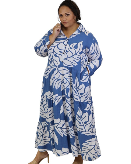 Rayon Tiered Shirt Dress-Orange and Blue